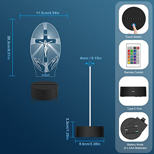 Cross 3D Night Light, Attivolife Jesus Illusion Hologram Lamp 16 color